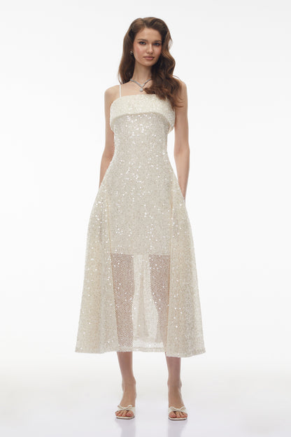 Leah Cream White Weave Design Sequin Midi Dress