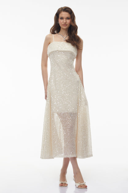Leah Cream White Weave Design Sequin Midi Dress