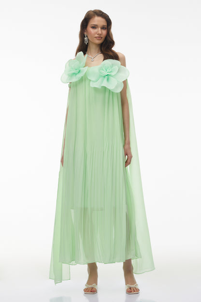 Leah Green Off Shoulder Maxi Dress with 3D Florals