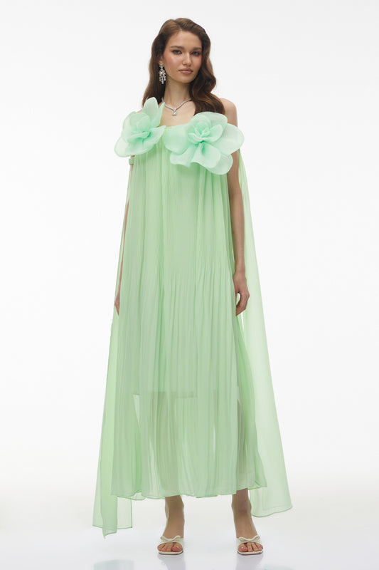 Leah Green Off Shoulder Maxi Dress with 3D Florals