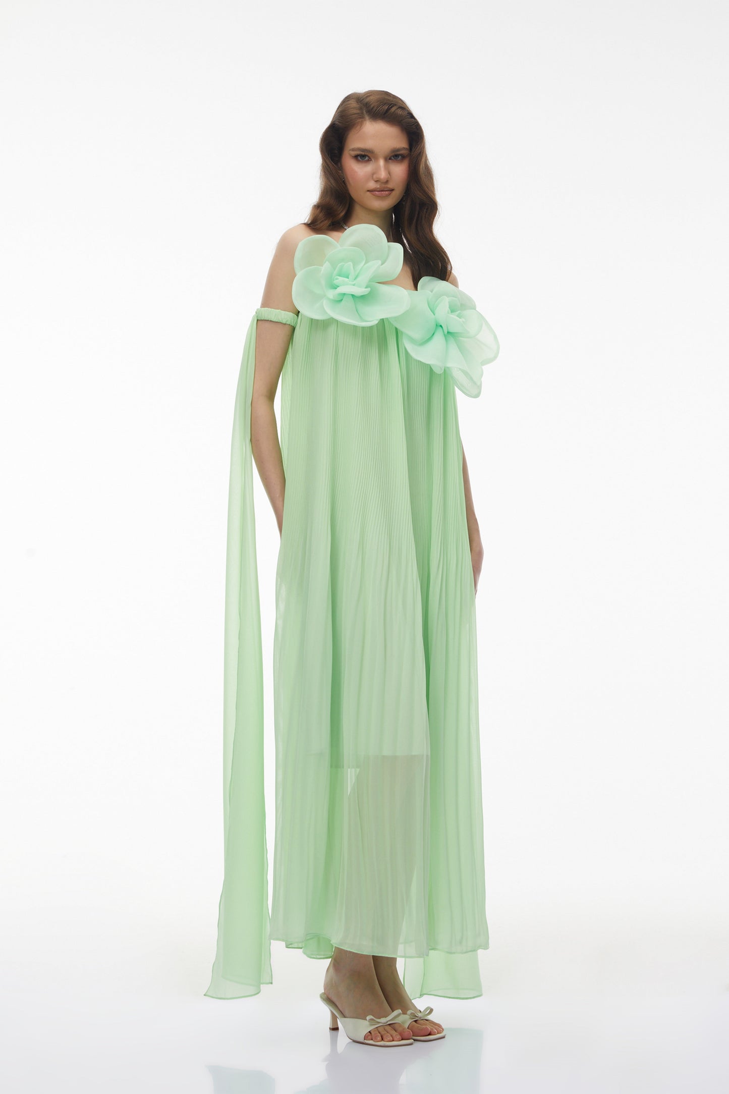Leah Green Off Shoulder Maxi Dress with 3D Florals