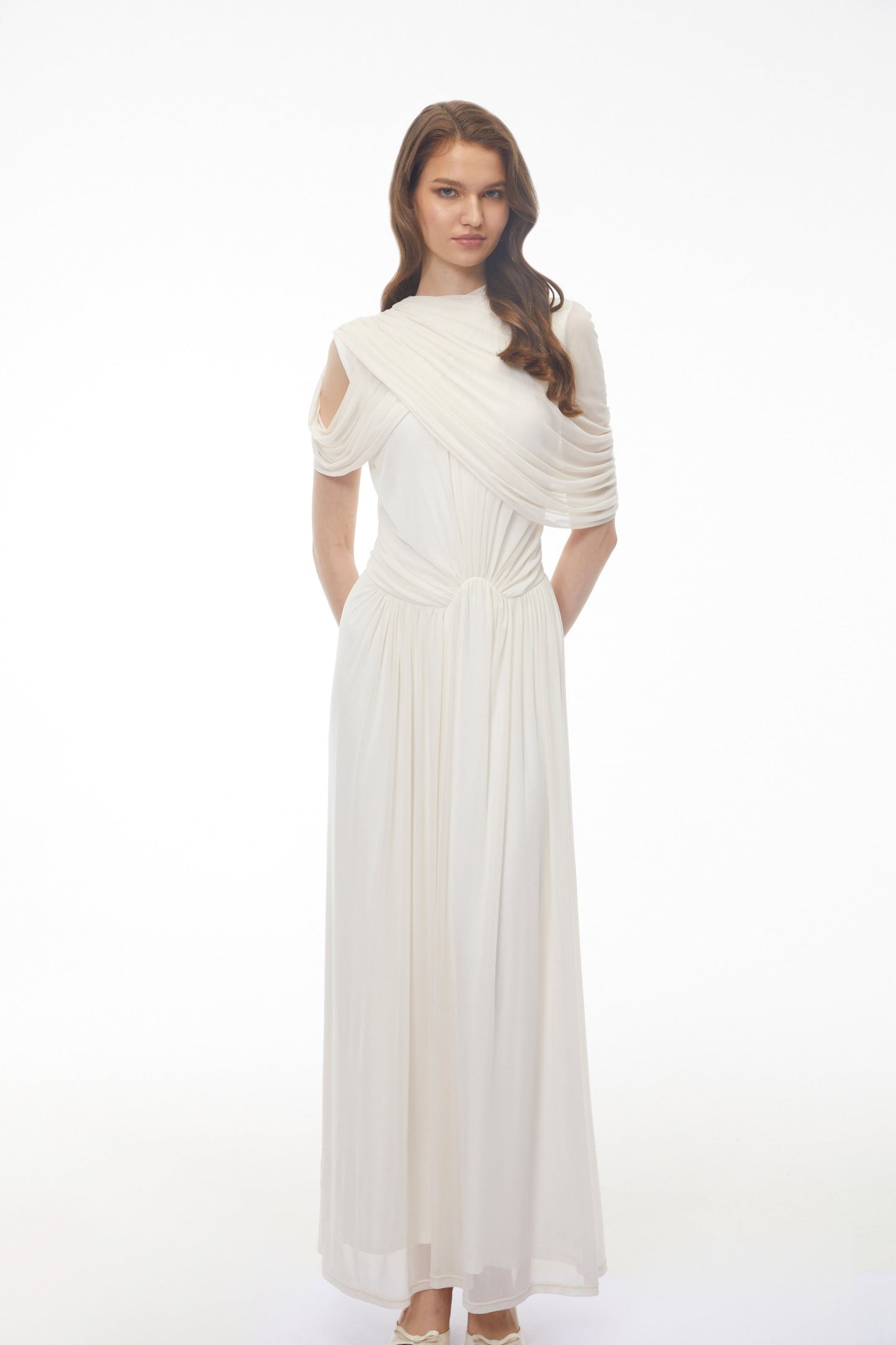 Leah White Asymmetrical Cross Front Maxi Dress