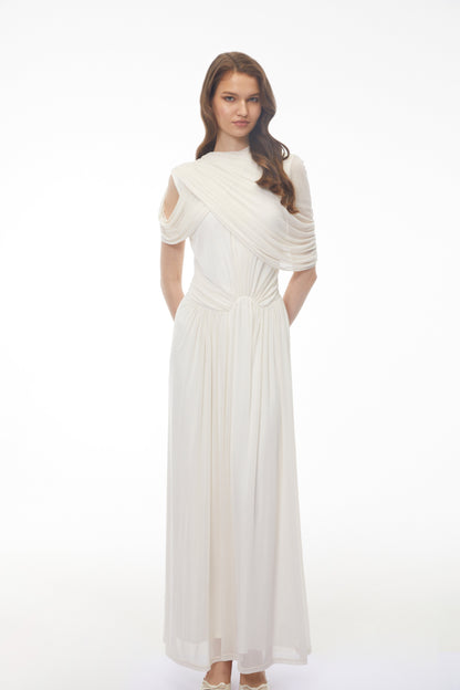 Leah White Asymmetrical Cross Front Maxi Dress