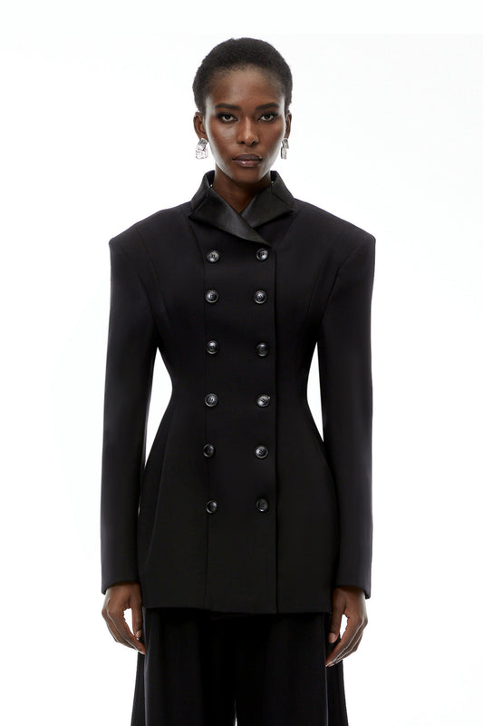 Leander Black Double-Breasted Long Blazer