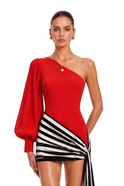 Leandra Red One Shoulder Striped Draped Mini Dress