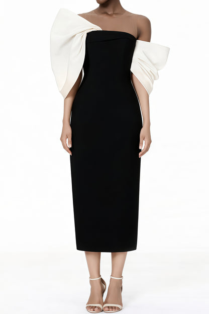 Leire Black Midi Dress with Asymmetrical Bow Detail