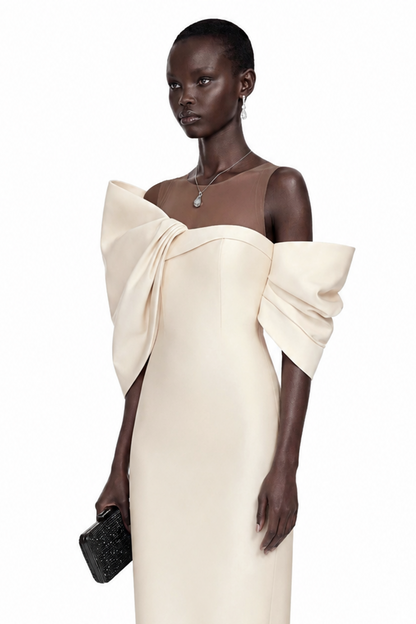 Leire Cream Midi Dress with Asymmetrical Bow Detail