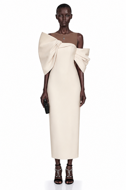 Leire Cream Midi Dress with Asymmetrical Bow Detail