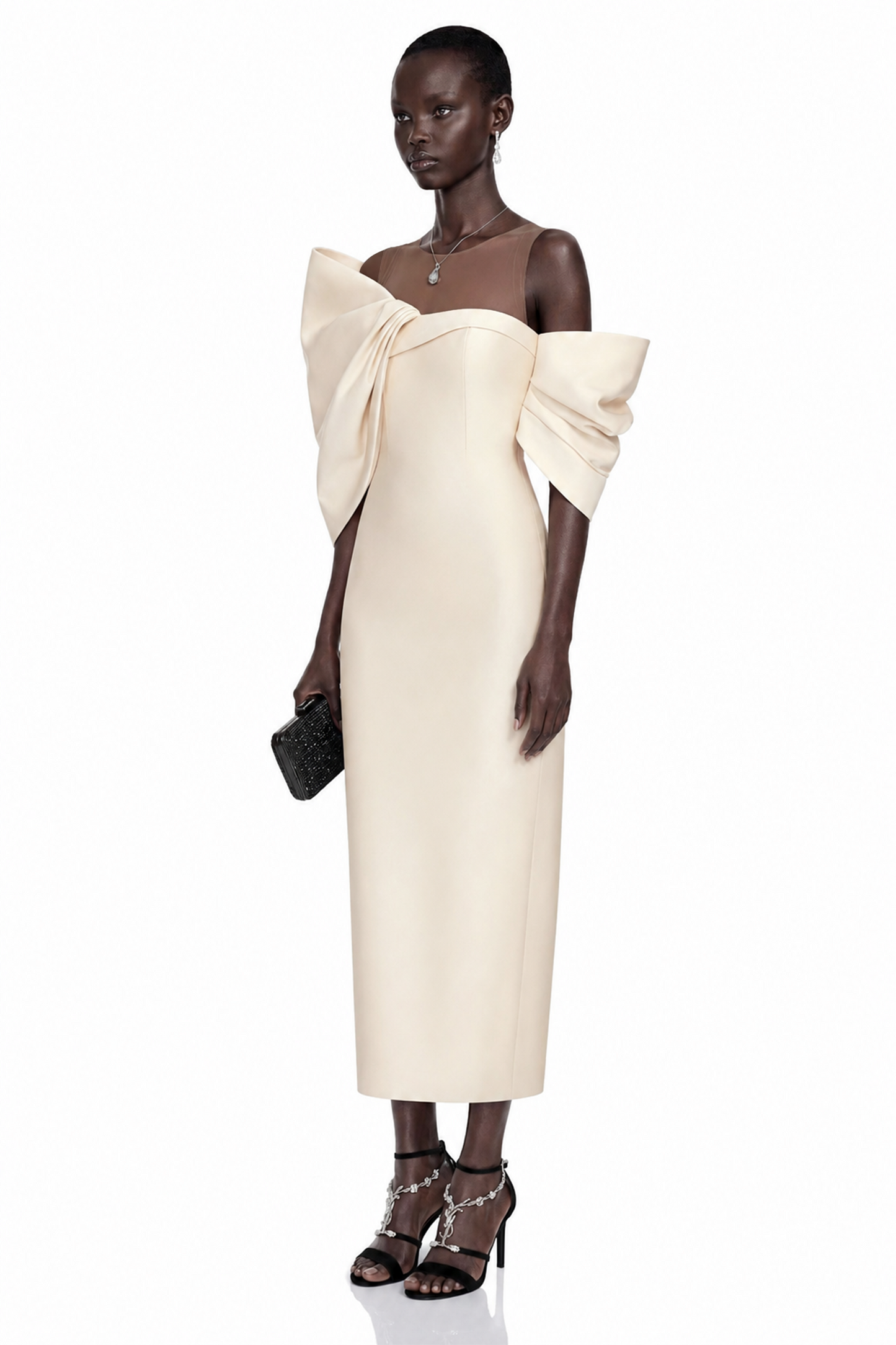 Leire Cream Midi Dress with Asymmetrical Bow Detail