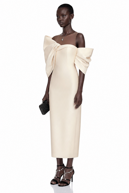 Leire Cream Midi Dress with Asymmetrical Bow Detail