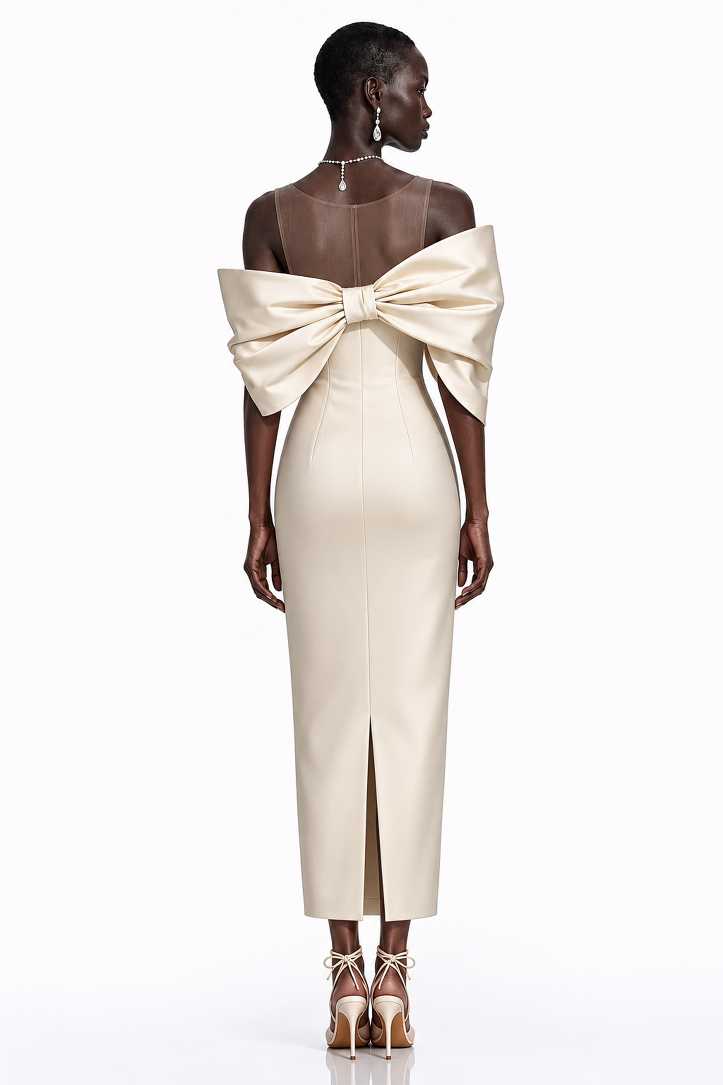 Leire Cream Midi Dress with Asymmetrical Bow Detail