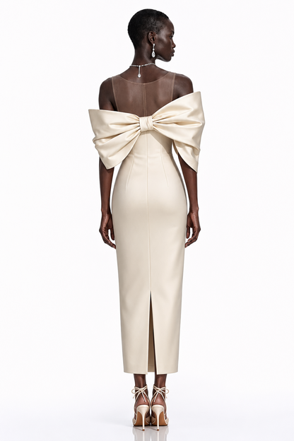 Leire Cream Midi Dress with Asymmetrical Bow Detail