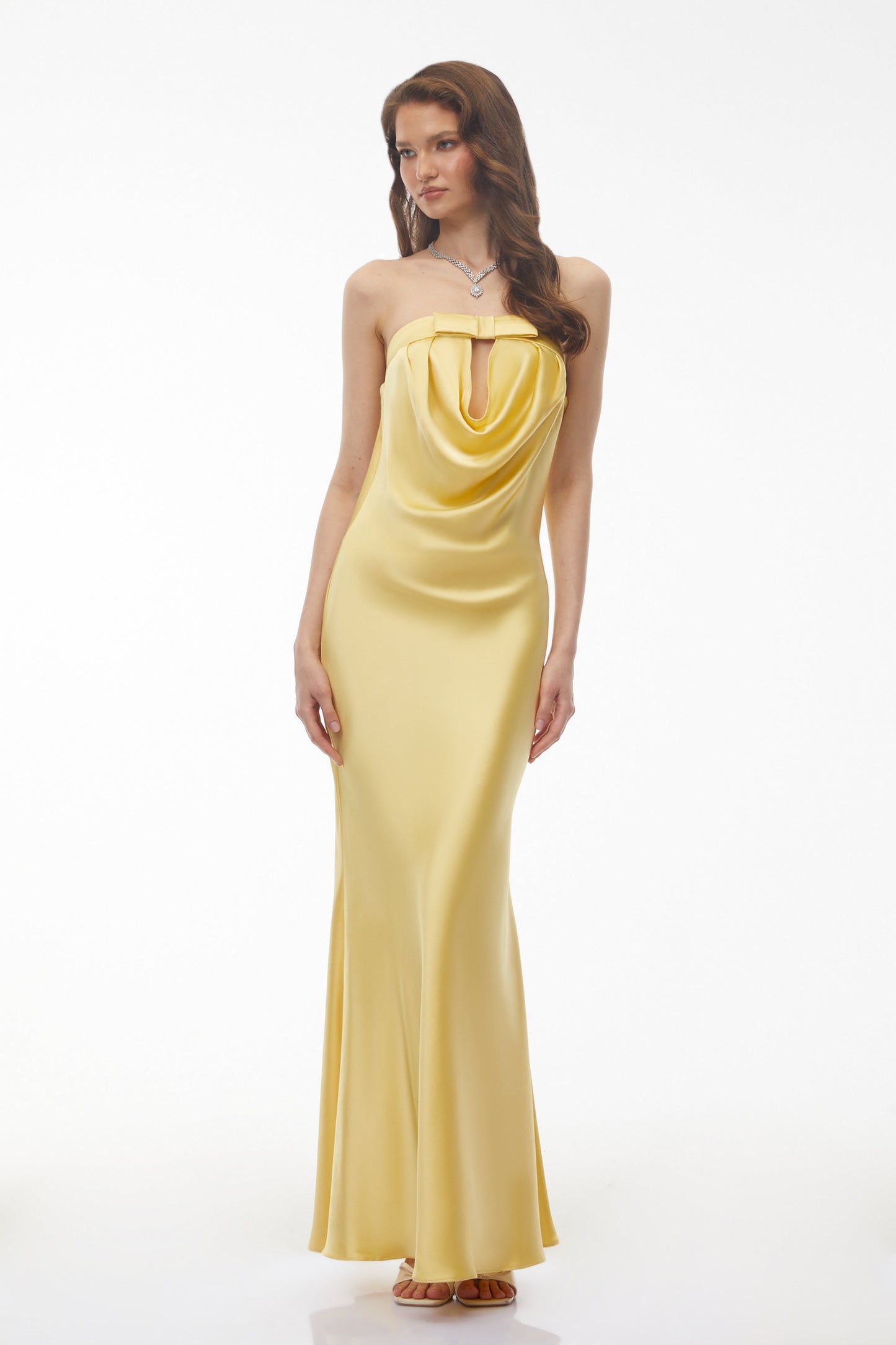 Lela Butter Yellow Draped Maxi Dress with Bow Detail
