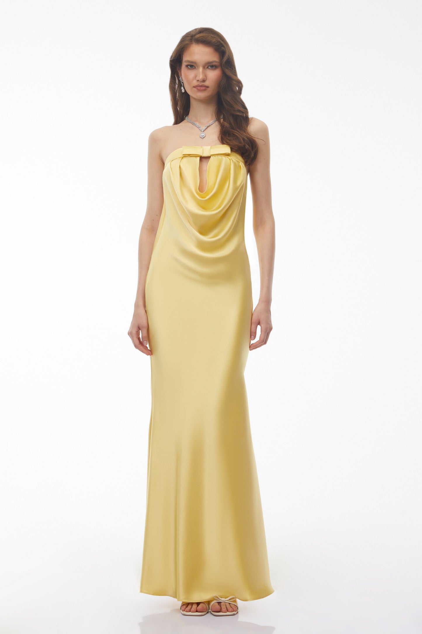 Lela Butter Yellow Draped Maxi Dress with Bow Detail
