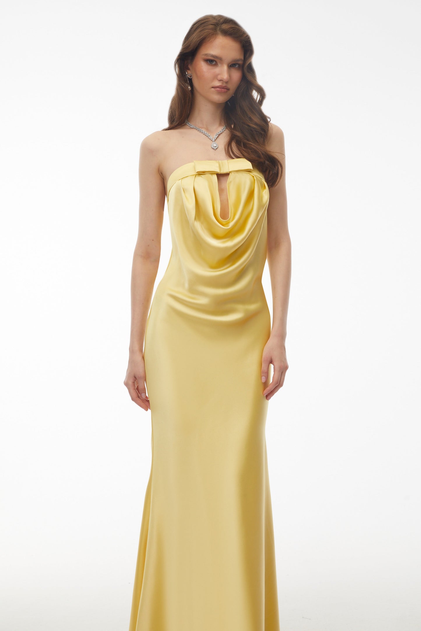 Lela Butter Yellow Draped Maxi Dress with Bow Detail