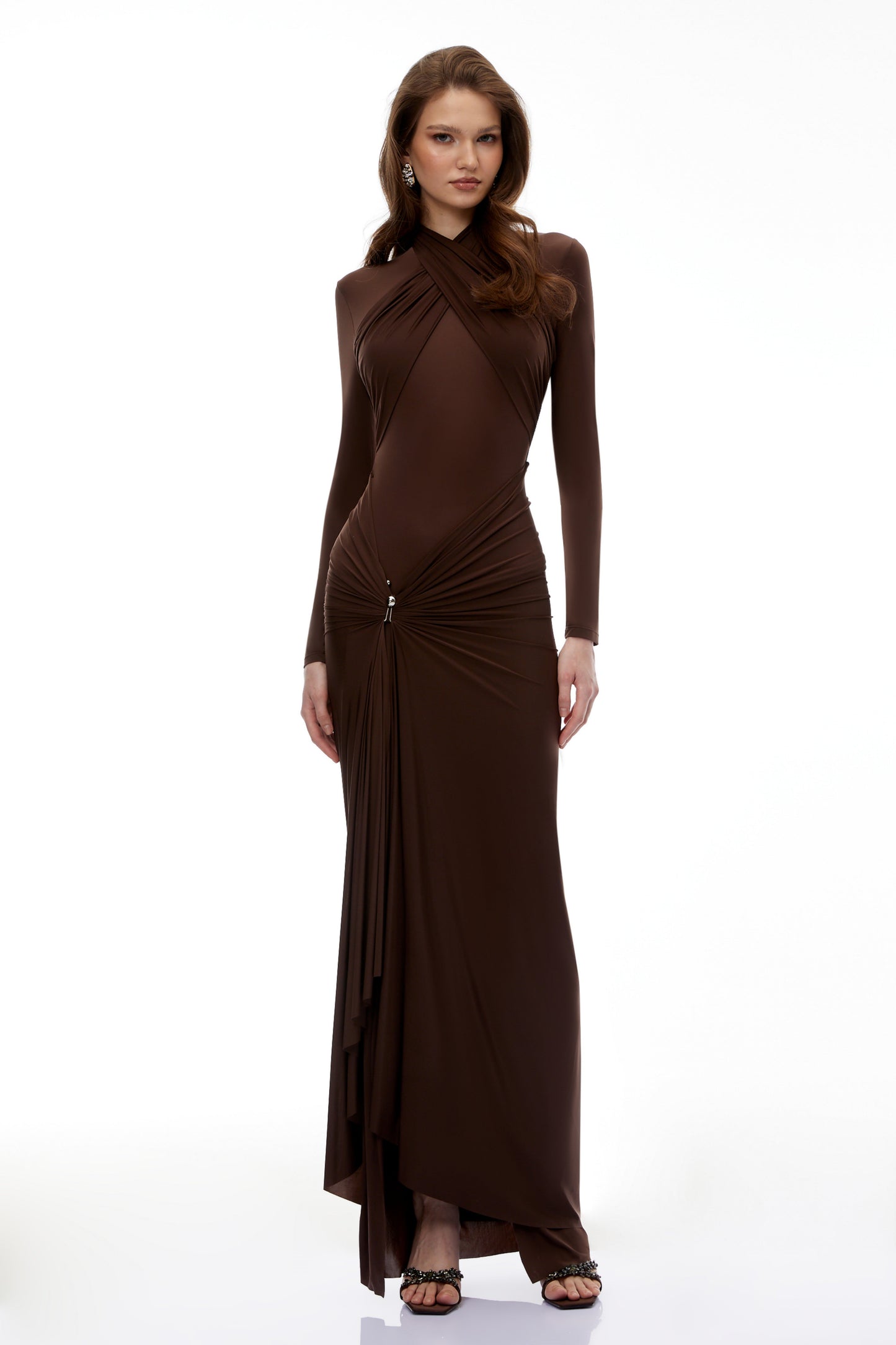 Lena Chocolate Brown Cross Front Maxi Dress