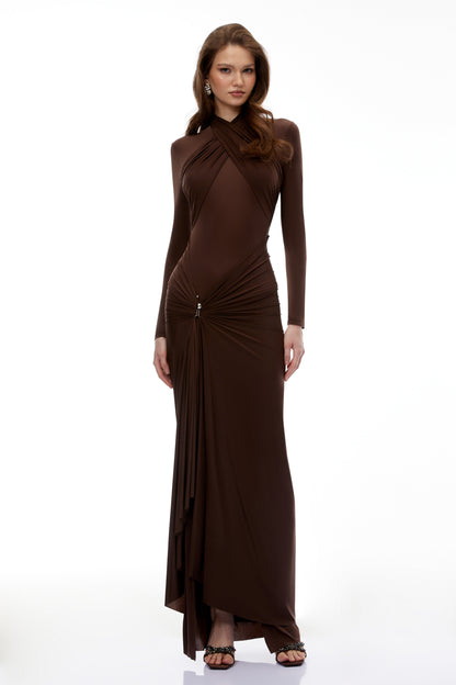 Lena Chocolate Brown Cross Front Maxi Dress