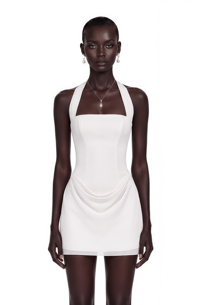 Lenka Cream Halterneck Draped Mini Dress