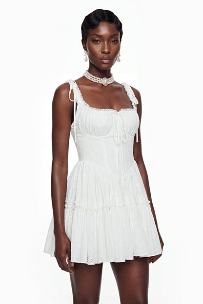 Lente White Ruffled Lace Mini Dress