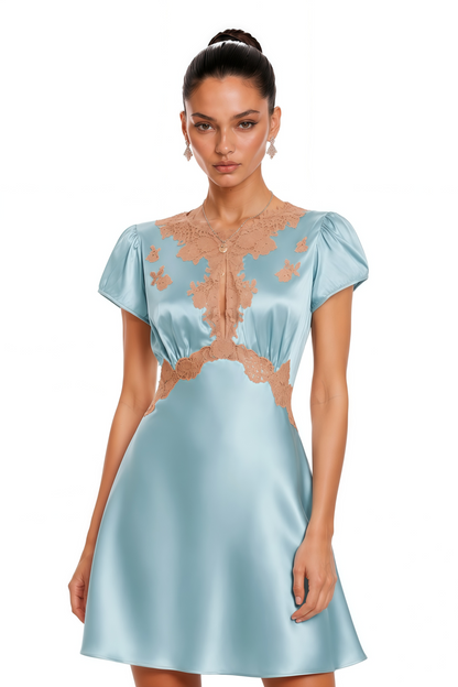 Leocadia Blue Satin Lace Trim Mini Dress