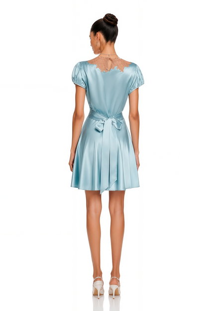 Leocadia Blue Satin Lace Trim Mini Dress