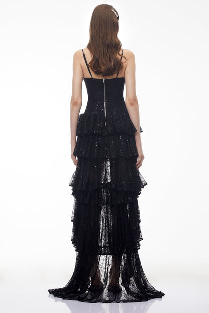 Léonie Black Sequin Maxi Dress with Cut-Outs and Train