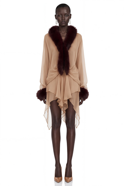 Leonora Brown Sheer Tulle Mini Dress with Feather Trim