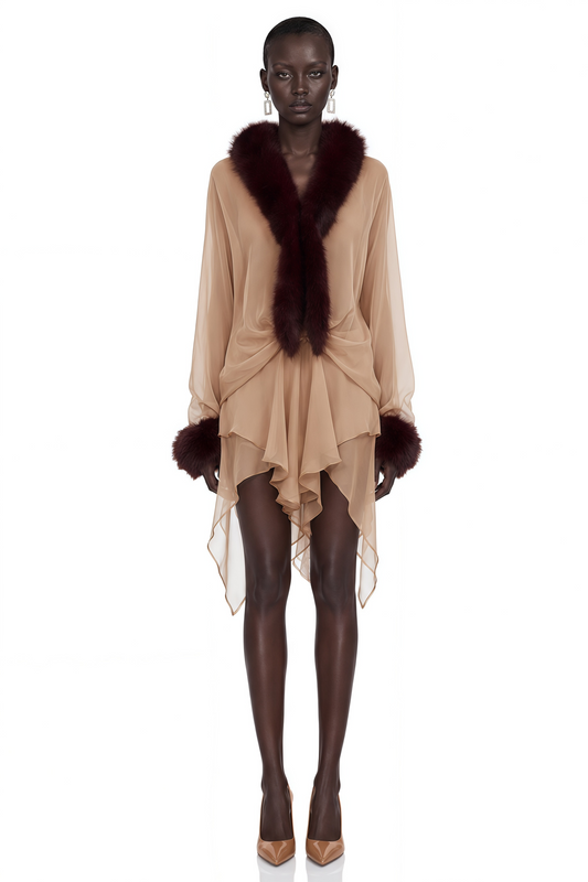 Leonora Brown Sheer Tulle Mini Dress with Feather Trim