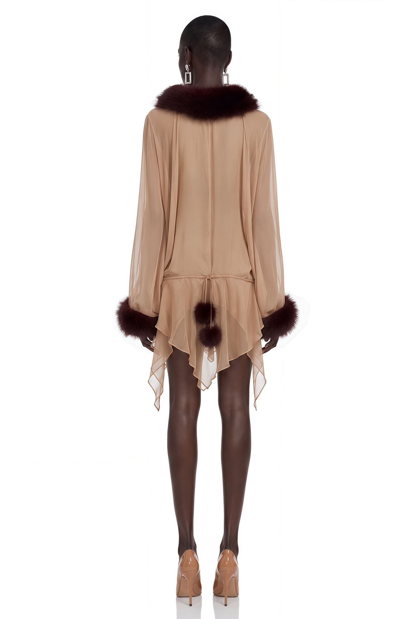 Leonora Brown Sheer Tulle Mini Dress with Feather Trim