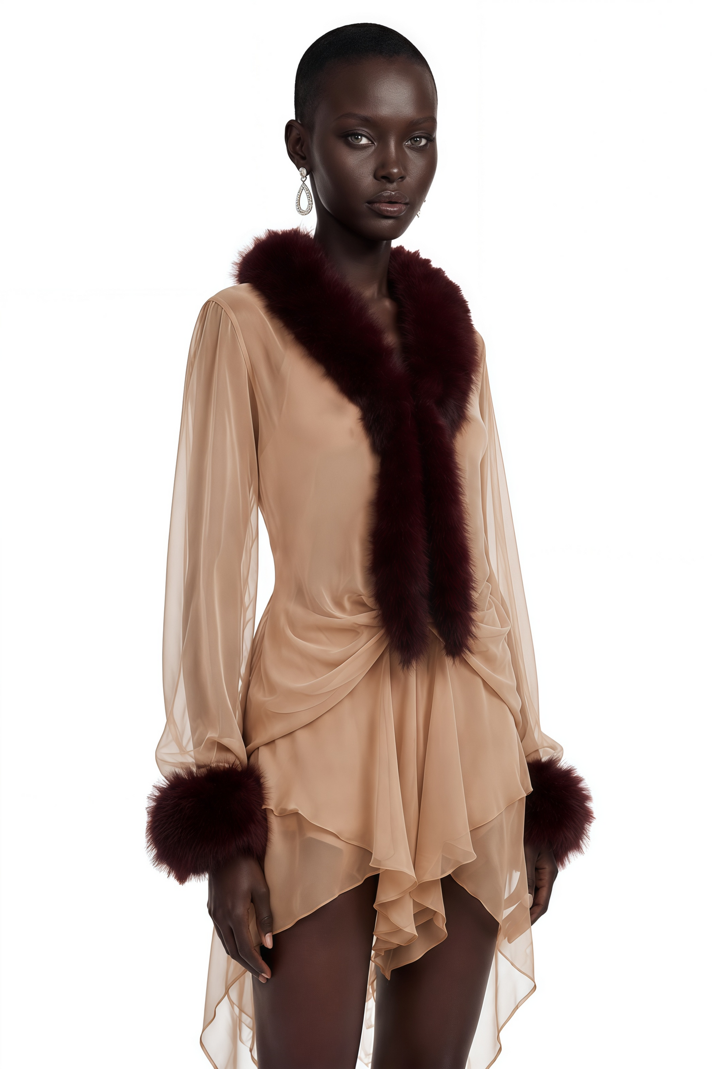 Leonora Brown Sheer Tulle Mini Dress with Feather Trim