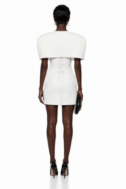 Leonora White Corset Mini Dress Set with Structured Cape