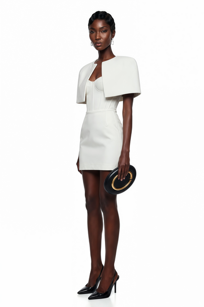 Leonora White Corset Mini Dress Set with Structured Cape