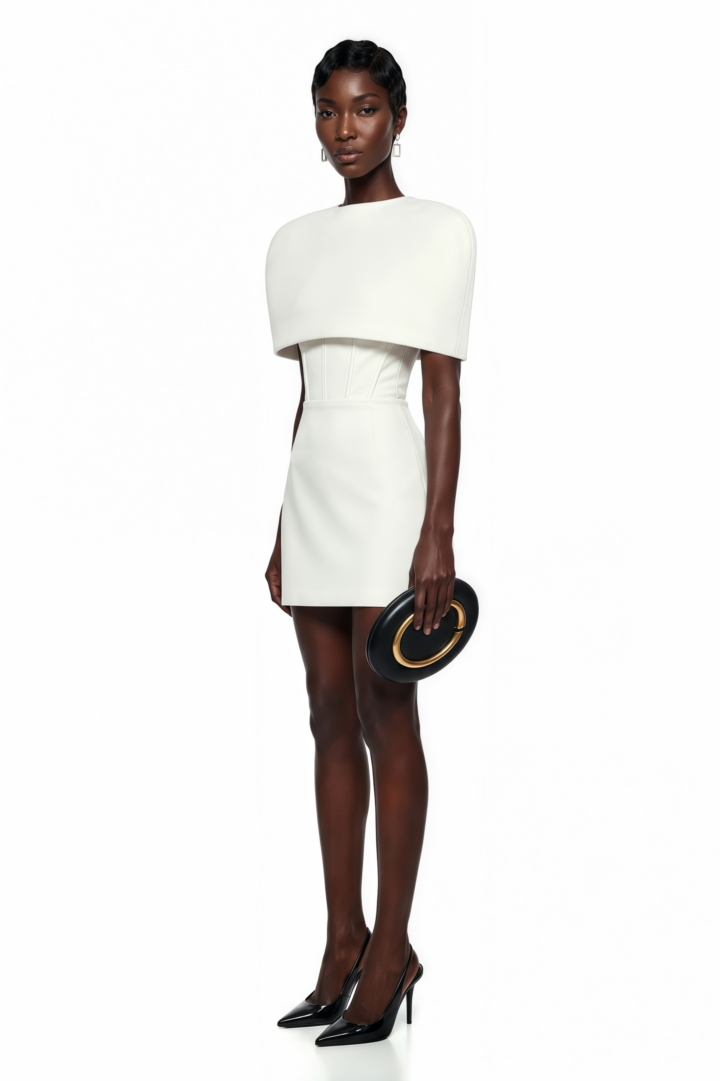 Leonora White Corset Mini Dress Set with Structured Cape