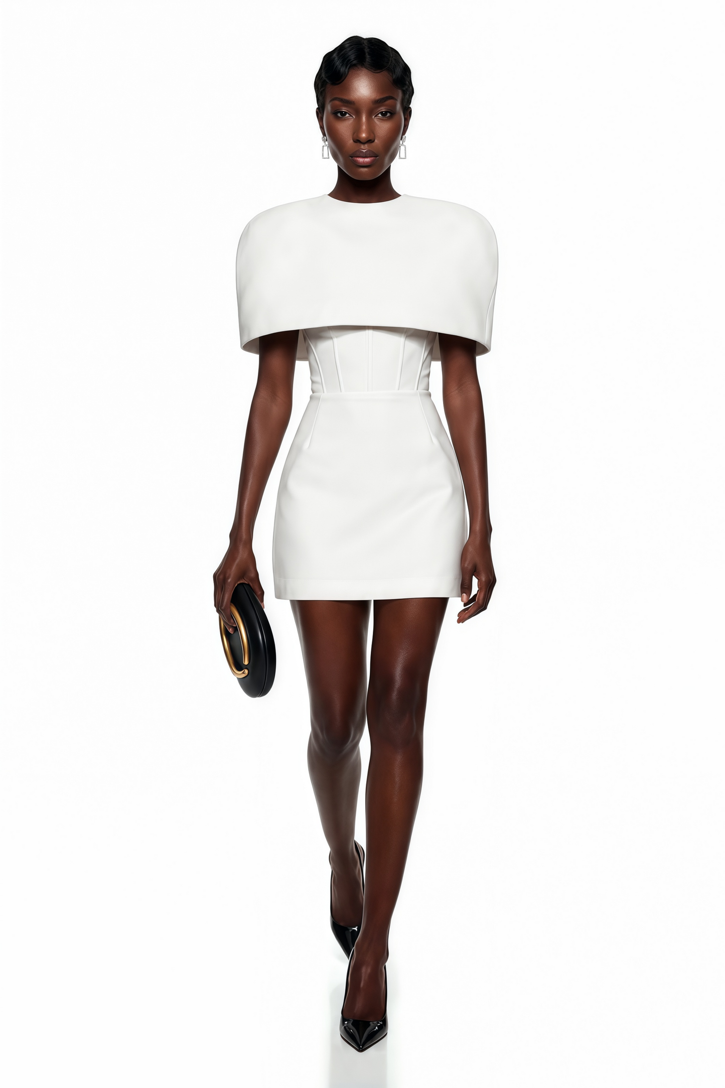 Leonora White Corset Mini Dress Set with Structured Cape