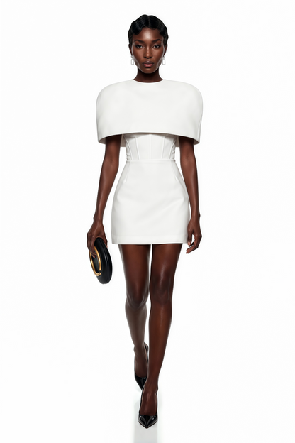 Leonora White Corset Mini Dress Set with Structured Cape