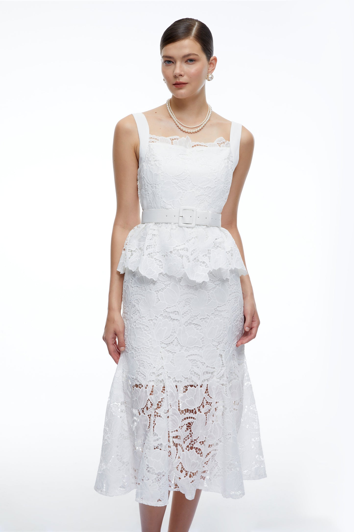 Leontine White Lace Peplum Midi Dress