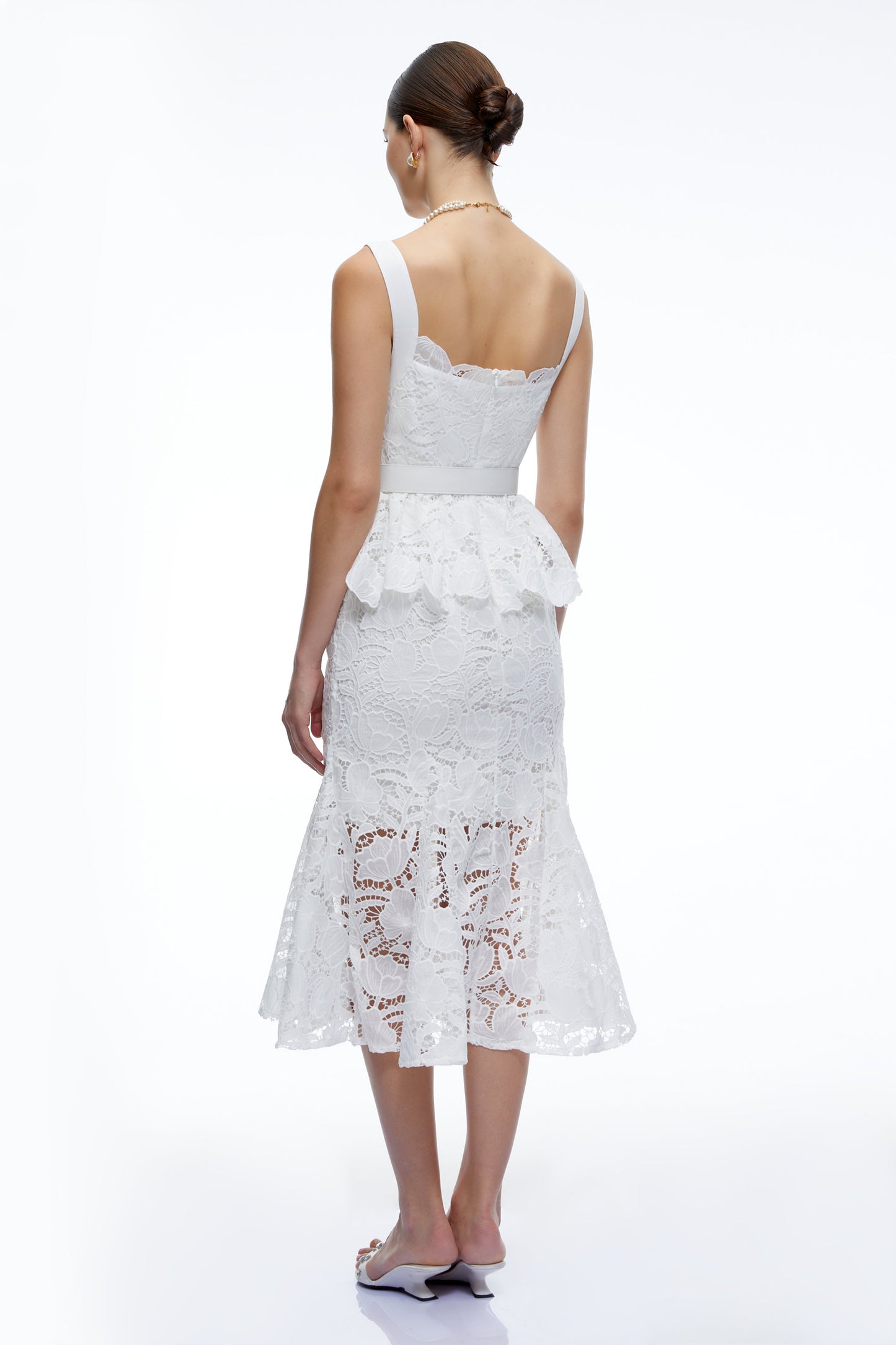 Leontine White Lace Peplum Midi Dress