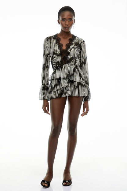 Lídia Black Sequin Mini Dress with Lace Trim