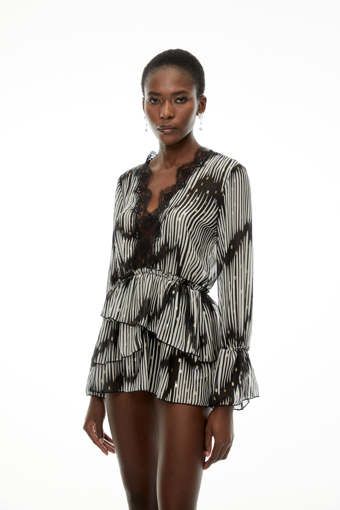 Lídia Black Sequin Mini Dress with Lace Trim