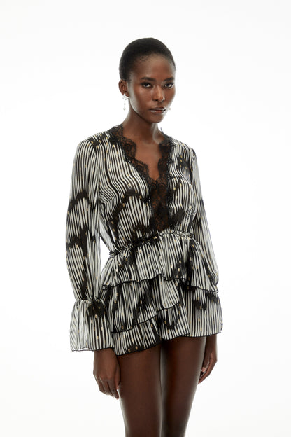 Lídia Black Sequin Mini Dress with Lace Trim