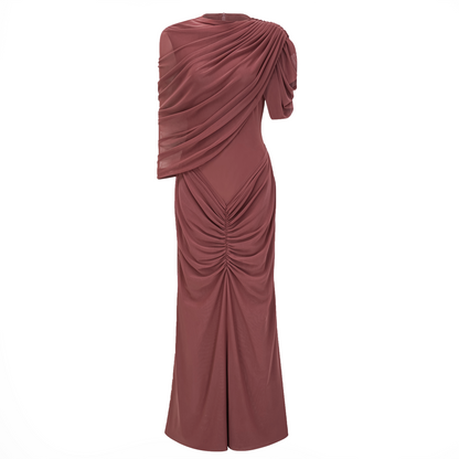 Liliana Brown Asymmetrical Ruched Cape Maxi Dress