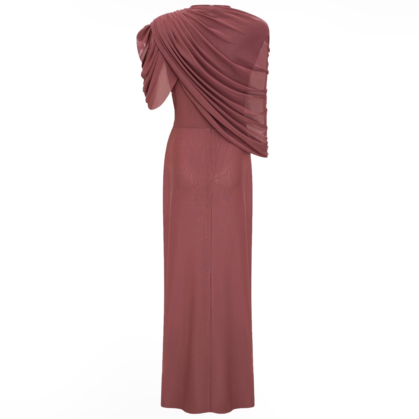 Liliana Brown Asymmetrical Ruched Cape Maxi Dress