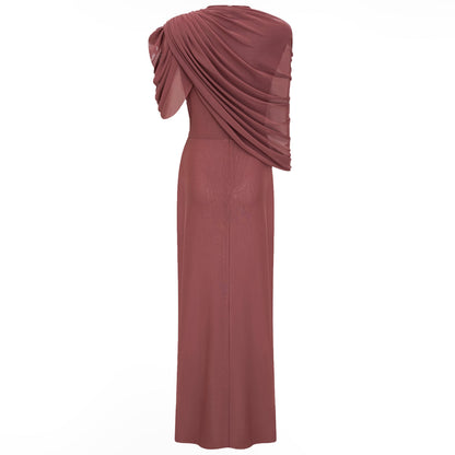 Liliana Brown Asymmetrical Ruched Cape Maxi Dress