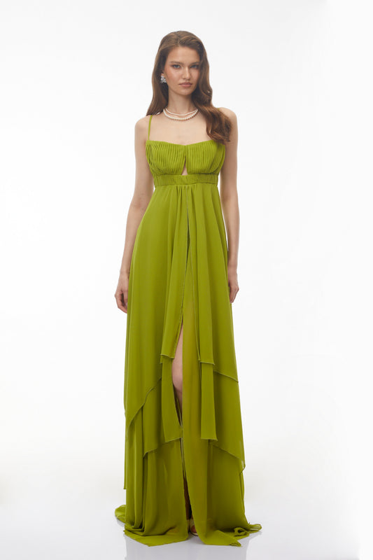 Lilliana Olive Green Tiered Maxi Dress with Cut-Outs