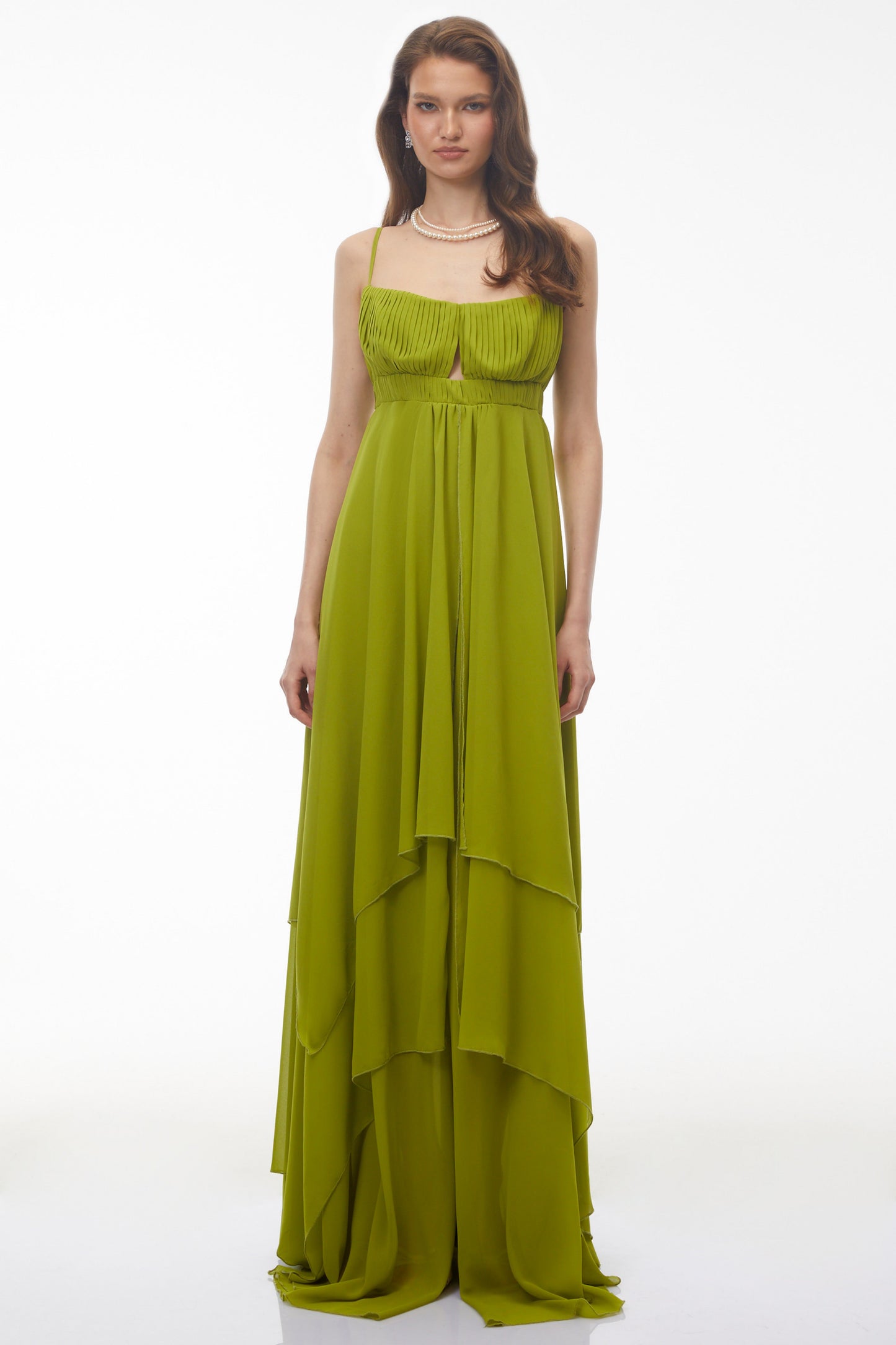 Lilliana Olive Green Tiered Maxi Dress with Cut-Outs