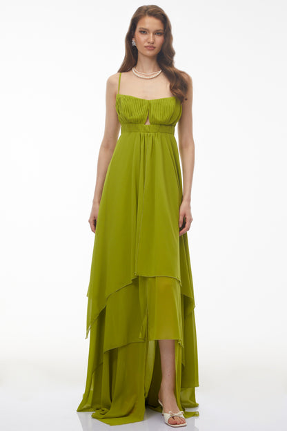 Lilliana Olive Green Tiered Maxi Dress with Cut-Outs