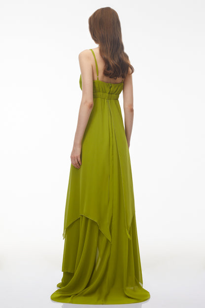 Lilliana Olive Green Tiered Maxi Dress with Cut-Outs