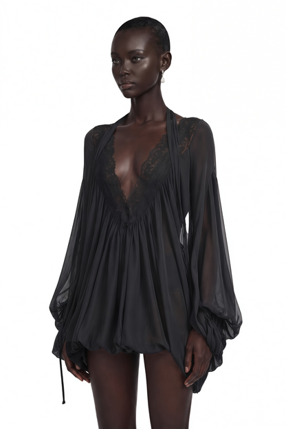 Lilou Black Plunge Neck Lace Mini Dress