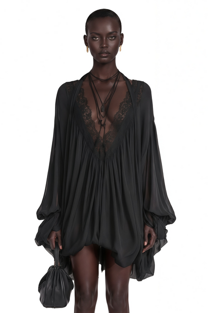 Lilou Black Plunge Neck Lace Mini Dress
