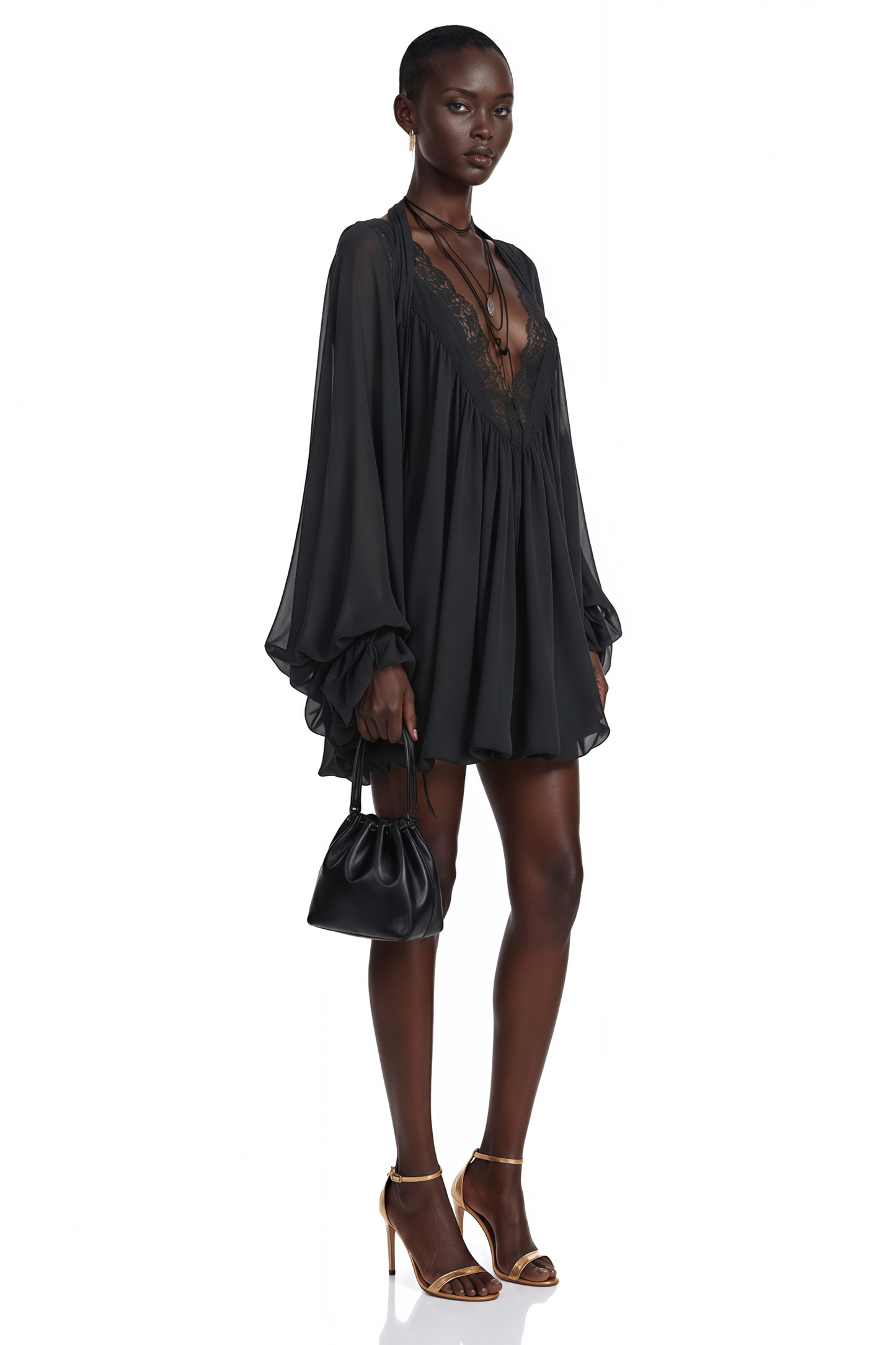 Lilou Black Plunge Neck Lace Mini Dress